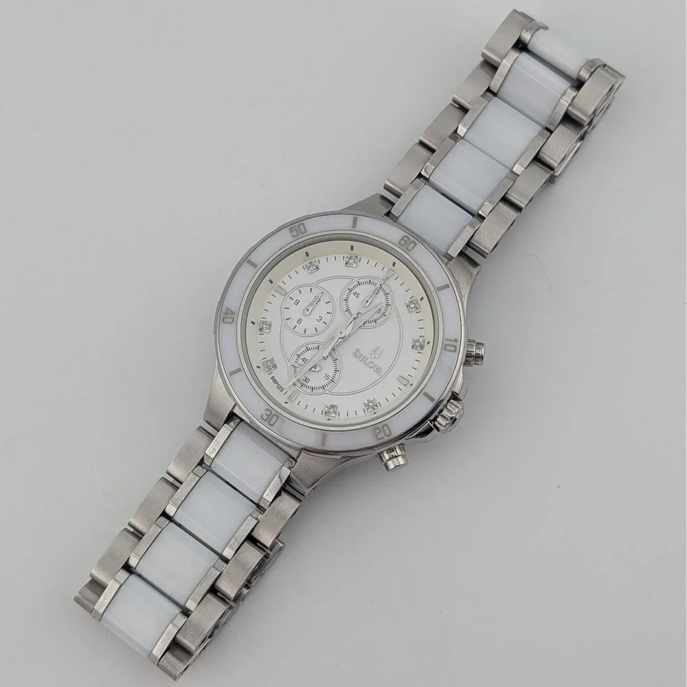 Bulova 98P125 Diamond Chronograph White Ceramic SS Women's Watch 40mm 6